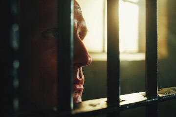 Poster - Close-up view of a person inside a jail cell. Suitable for legal, crime, justice, and incarceration themes.