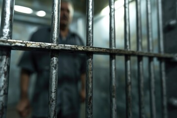 Poster - A man in a prison cell looks directly at the camera. This image can be used to depict incarceration, criminal justice, or the concept of imprisonment