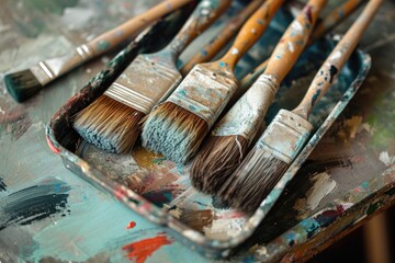 Aufkleber - A collection of paint brushes neatly arranged on a table. Perfect for art and craft projects
