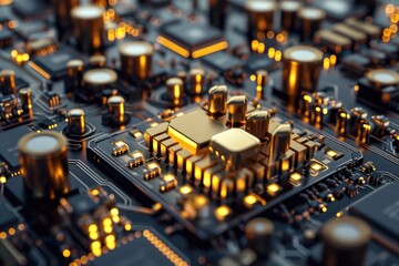 Wall Mural - A detailed close-up view of a circuit board with numerous electronic components. Ideal for technology-related projects and illustrations