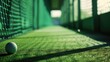A golf ball resting on the grass beside a fence. Perfect for sports and outdoor-themed designs