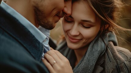 Poster - A picture of a man and a woman embracing each other. This image can be used to depict love, relationships, togetherness, or romance
