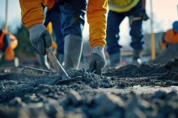 Poster - Construction workers are seen working on a road. This image can be used to depict construction, infrastructure development, roadworks, or teamwork
