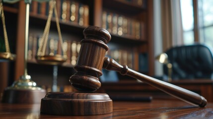 Poster - A wooden gavel sitting on top of a wooden table. Suitable for legal and justice-related themes