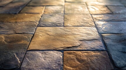 Aufkleber - Close up view of a stone floor with a fire hydrant in the background. Suitable for urban themes and safety concepts
