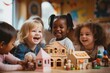 Group of happy toddlers playing in kindergarten