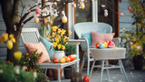 Fototapeta Perspektywa 3d - Decorated Easter terrace with colorful eggs and tulips. Wicker chair with cushions and flowers on the porch of the house. Beautiful easter spring exterior with spring flowers.