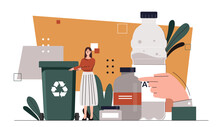 People Care About Planet Concept. Woman Near Trashcan With Plastic Bottles. Eco Frinedly Activists And Volunteers. Reducing Release Of Harmful Waste Into Atmosphere. Cartoon Flat Vector Illustration