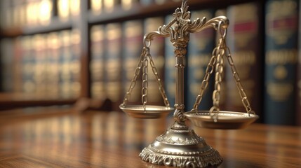 Poster - A scale of justice sitting on top of a wooden table. Can be used to represent fairness, law, and the legal system