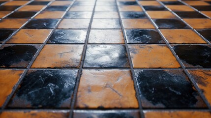 Poster - A picture of a tiled floor with black and orange tiles. This image can be used in interior design projects or for showcasing flooring options