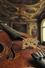 Poster - A detailed close-up of a violin placed on a table. This image can be used to depict musical instruments, classical music, or a musician's workspace