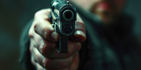 Poster - A man holding a gun in his hand. Ideal for illustrating themes of crime, danger, or law enforcement
