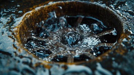 Poster - Water flowing out of a sink drain. Perfect for illustrating plumbing, water usage, or household maintenance concepts