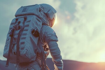 Poster - A man dressed in a white space suit with a backpack. Suitable for space exploration and futuristic concepts