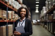 © CojanAI - Portrait of a middle aged businesswoman holding clipboard in warehouse