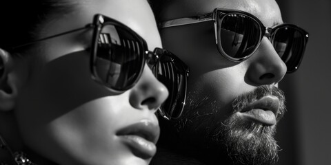 Wall Mural - A black and white photo of a man and a woman wearing sunglasses. Suitable for various uses