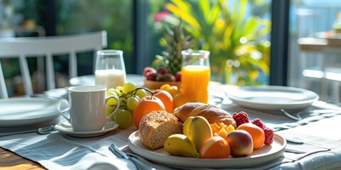 Poster - A plate of various fruits displayed on a table alongside a refreshing glass of orange juice. Perfect for illustrating healthy eating, breakfast, or a balanced diet