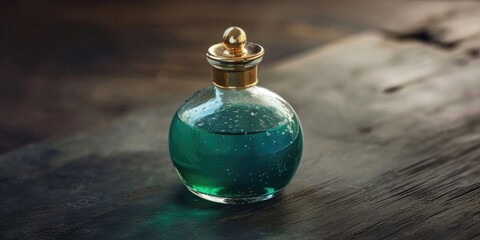 Poster - A bottle of liquid is placed on top of a wooden table. This versatile image can be used to represent various concepts and themes