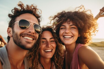 Wall Mural - Happy group of young people taking a selfie on the beach