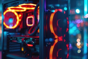 Poster - A detailed view of a computer case featuring vibrant neon lights. Perfect for technology enthusiasts and gamers