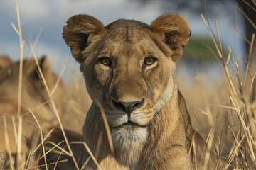 Poster - A close-up of a lion in a field of tall grass. Perfect for nature and wildlife enthusiasts
