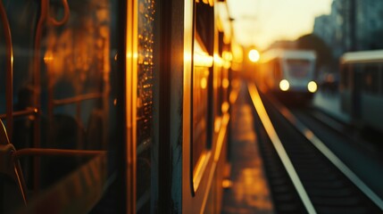 Aufkleber - A train traveling down train tracks next to a train station. Can be used to depict transportation, travel, or commuting