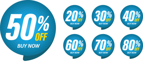 Wall Mural - Different percent discount sticker discount price tag set. Turquoise speech bubble shape promote buy now with sell off up to 20, 30, 40, 50, 60, 70, 80 percent vector illustration isolated on white