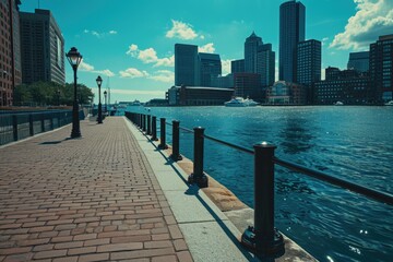 Poster - A brick walkway next to a body of water. Suitable for use in architectural and landscape design projects