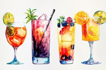 Poster - A collection of various drinks beautifully depicted in glasses. Perfect for illustrating a beverage menu or showcasing a selection of cocktails
