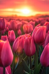 Aufkleber - A beautiful field of pink tulips with the sun setting in the background. Perfect for nature and floral-themed designs