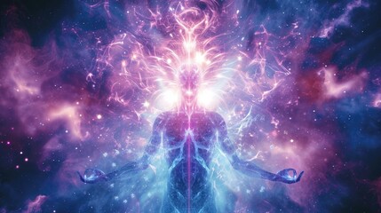 Poster - A man raising his hands in surrender or celebration against the backdrop of a beautiful nebula. Perfect for illustrating concepts of awe, surrender, or the vastness of the universe
