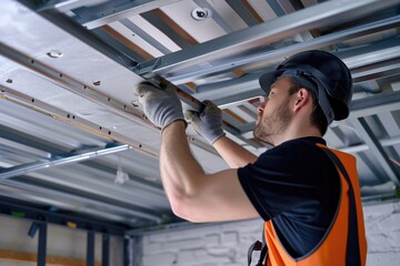 Sticker - A man wearing an orange vest is seen fixing a ceiling. This image can be used to depict home improvement or construction projects