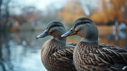 Poster - Two ducks standing next to each other near a body of water. Suitable for nature and wildlife themes