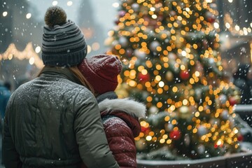 Canvas Print - A heartwarming scene of a woman and child gazing at a beautifully decorated Christmas tree. Perfect for holiday-themed projects and festive promotions