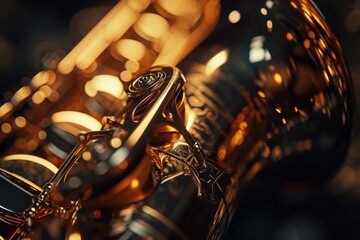 Poster - A detailed close-up of a saxophone in a room. Perfect for musicians and music enthusiasts.