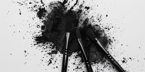Poster - A black and white photo featuring a brush and some powder. Ideal for beauty and cosmetics-related projects