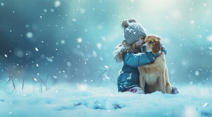  a small girl is hugging a dog in the snow.
