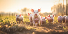 Piglets In A Farmland Field, Showcasing The Essence Of Farming Life And Animal Husbandry.