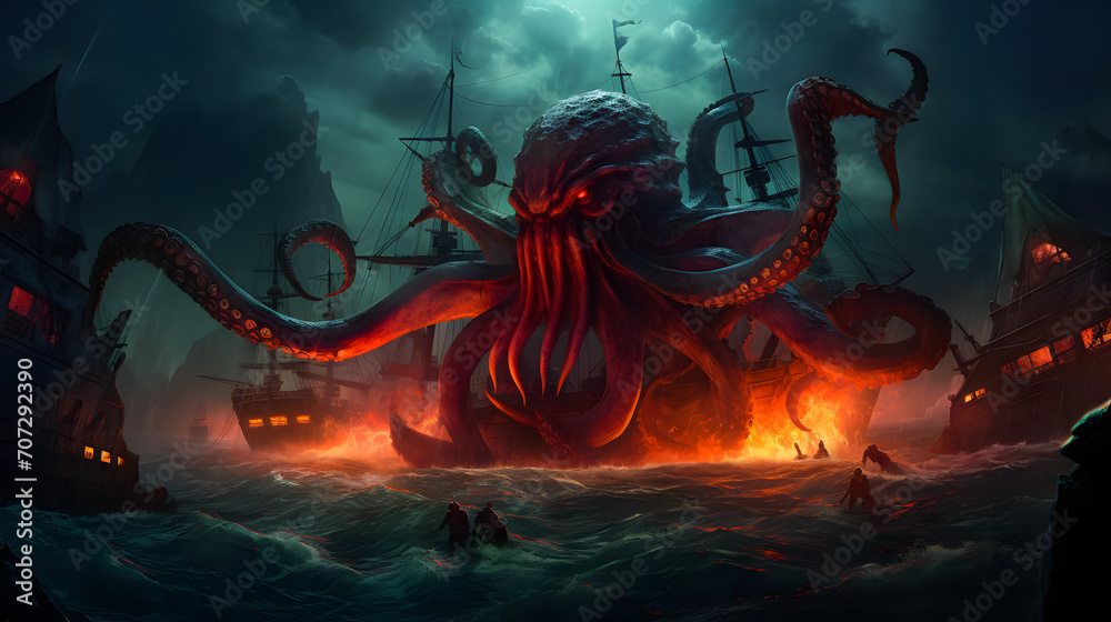 Fantasy scene with kraken of giant octopus and ship in the sea. Horror ...