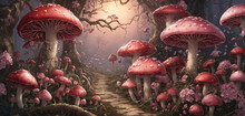The Path Is Lined With Red Toadstools, Which Come In Various Sizes And Shapes. Some Of Them Have Wide, Convex Hats, Others - Narrow, Elongated. Pink Flowers Grow Near The Fly Agaric, Which Add Brightn