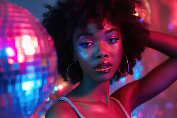 Wall Mural - Beautiful African black girl wearing glitter makeup in disco party beside disco ball and stage smoke in retro pint and blue light with copy space