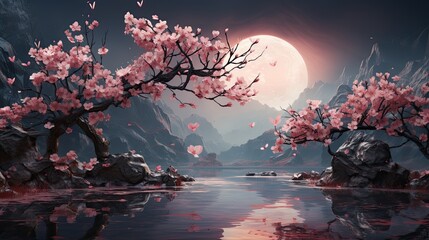 Wall Mural - Moonlit oriental landscape with sakura cherry trees and floating petals