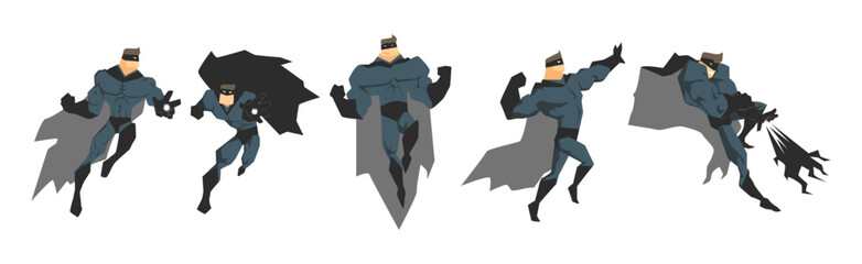 Sticker - Man Superhero Character in Cloak and Mask in Different Pose Vector Set