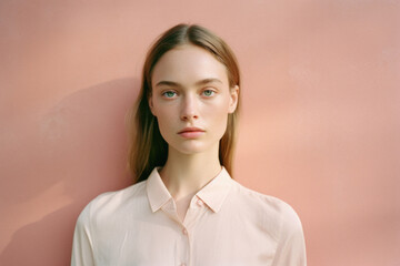 Portrait of a young beautiful girl in a white shirt on a pink background