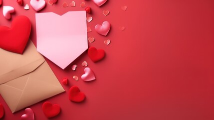 Poster - Valentine day holiday background with envelope, paper card and various red hearts for love romantic message. Generative AI.