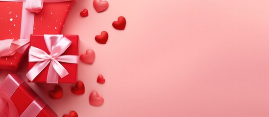 Poster - Hearts in red Box Gift. Valentines day in pink background copy space. Generative AI.