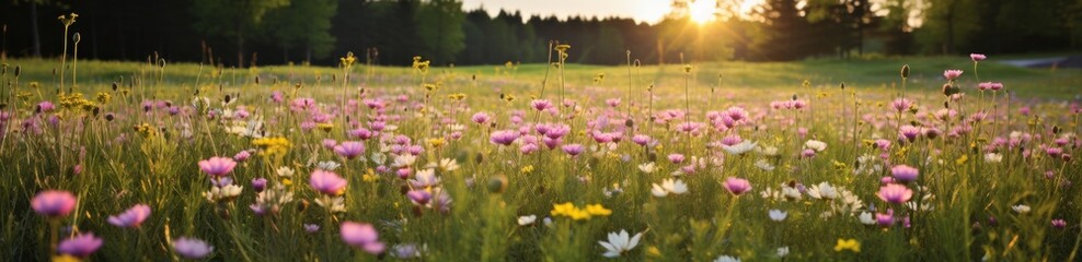 many different flowers grow in a green patch in the middle of the meadow.