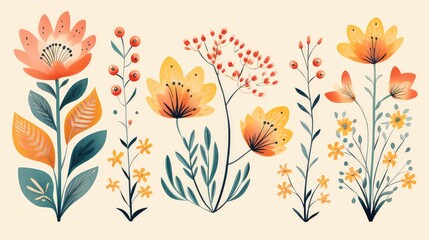 Wall Mural - Vector set of floral elements. Collection of hand drawn flowers and leaves.