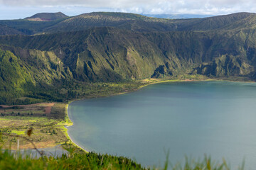 Wall Mural - Lagoa do Fogo with mountain range. Sao Miguel Island, Azores, Portugal