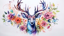 Watercolor Deer With Flowers And Leaves On White Background.